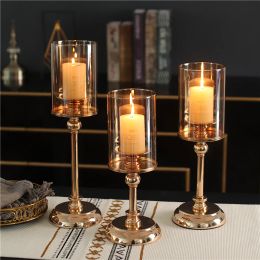 Candles 1pc Golden Glass Candle Holders for Pillar Candle Candlestick for Dining Coffee Table Wedding Events Parties Home Decor