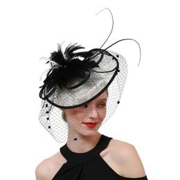 Wide Brim Hats Bucket Hats Women Fascinators Bridal Wedding Kentucky Derby Church Sinamay Pillbox Hat Large Brim Hairband Feathers Mesh Headband with Clip Y240426