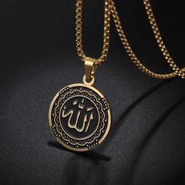 Pendant Necklaces Allah Necklace for Men Stainless Steel Gold Color Round Pendant Necklace Islamic Jewelry Amulet Muslim Gifts Y240420