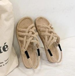 Hemp rope sandals for female students straw woven summer cross straps beach casual ladies and slippers women shoes 240423