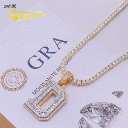 Iced Out Moissanite Diamond Yellow Gold Plated Round Mix Baguette Initial D Letter Pendant With 3MM Tennis ChainDesigner Jewellery