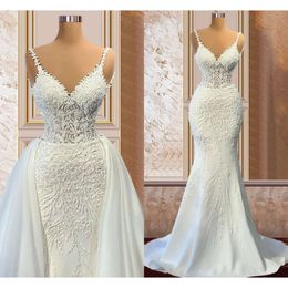 Wedding Dresses With Designer Gown Mermaid Bridal Detachable Train Lace Applique Beaded Spaghetti Strpas Custom Made Vestidos De Novia Plus Size
