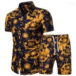 Men's Casual Shirts Summer Mens Fashion Y2K Gold Luxury Designer For Men Set Hawaiian Beach Floral Print Male Short Sleeve Club Shirt Tops