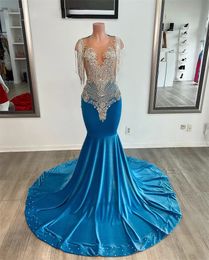 Charming Blue Velvet Mermaid Prom Dresses Beading Diamond Birthday Party Gown Crystal Tassel Evening Gowns Gown Robe De Soiree