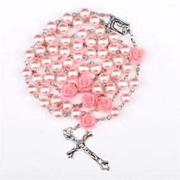 Pendant Necklaces 6MM Pink Rosary Necklace For Women Rose Glass Beads Chain Crucifix Cross INRI Men Religious Prayer Long Jewelry