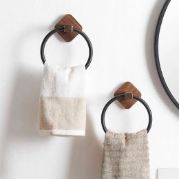 Set Bathroom Towel Ring Aluminium Wood Self Adhesive Towels Holder Wall Mounted Hand Towel Rails for Kitchen Bath Room B03E