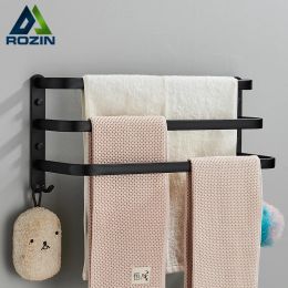 Set Towel Hanger Black and White Brief Space Aluminium Bathroom Towel Rack with Hook Multiple Layer Wall Mounted Punch Cloth Holder