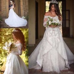 Dresses Lace Gorgeous Long Applique Tiered Sleeves Overskirt Sweep Train Off The Shoulder Scalloped Wedding Gown Vestido De Novia