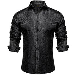 Mens Long Sleeve Black Paisley Silk Dress Shirts Casual Tuxedo Social Shirt Luxury Designer Men Clothing 240419