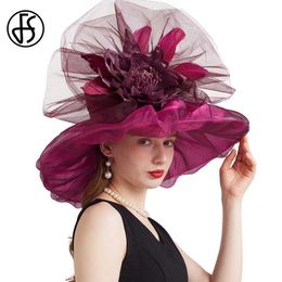 Wide Brim Hats Bucket Hats FS Luxury Purple Red Organza Kentucky Derby Hats For Women Elegant Summer Ladies Wedding Bride Hat Big Flower Church Fedoras Y240426