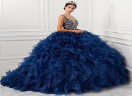 Navy Beaded Ball Gown Quinceanera Dresses V Neckline Cascading Ruffles Organza Prom Gowns Sweep Train Sweet 15 Dress8840236
