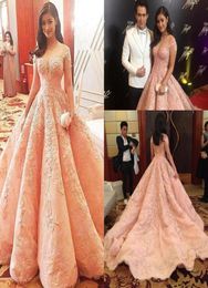 2017 Pink Off Shoulder Prom Dresses Red Carpet Floor Length Ruffles Evening Gowns Long Women Retro Lace Sweep Train Celebrity Part2205742