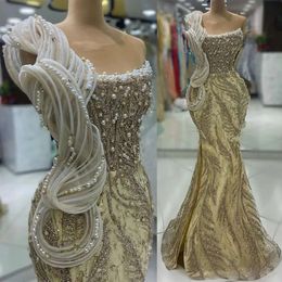 Ebi Mermaid Gold Aso 2024 Prom Dress Cyer Neck Crystals Pearls Asevial ​​Party Second Section Disparty Condragement Dresses Robe de Soiree Zj70 ES