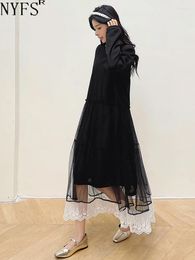 Casual Dresses NYFS 2024 Autumn Korea Woman Dress Vestidos Robe Elbise Loose Plus Size Patchwork Mesh Embroidery Lace Long