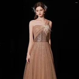 Party Dresses Champagne Golden Evening Dress One Shoulder Luxury Feather A-line Sequined Beading Floor-length Backless Lace Up Prom Gown