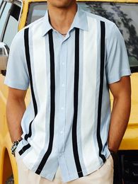 Men's Casual Shirts Shirt Button Down Summer Black Blue Short Sleeve Striped Lapel Street Holiday Printed Clothing Fa