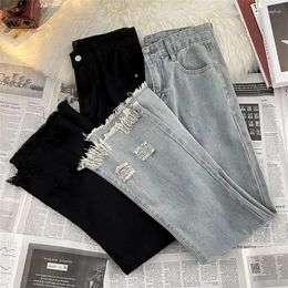 Men's Jeans 2024 Summer Korean Casual Long Classic Man Straight Denim Wide-leg Pants Solid Color Light Loose Trousers A23