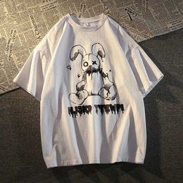 Men's T-Shirts New American retro rabbit graffiti graphic printing mens short sleeved T-shirt unisex oversized loose hip-hop couple Y2k topL2403