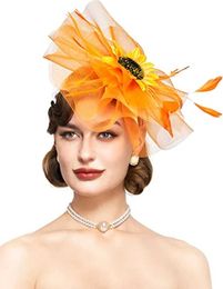 Wide Brim Hats Bucket Hats New Elegant Feathered Sunflower Flowers Bridal Fascinator Headwear Headdress Ladies Floral Hat Cocktail Ball Wedding Headband Y240426