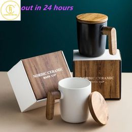 Gift Package 350ml Ceramic Coffee Mug with Wooden Handle and Lid Nordic Retro Style Smooth Surface Office Home Couple Cup 240422