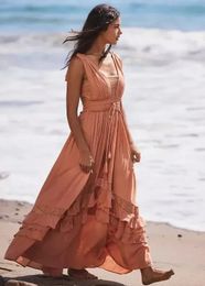 canwedance Summer Beach Dress Sleeveless Cotton Maxi Dresses Boho Style Solid Color Lace Ruffled Sundress Mujer Vestidos 240415