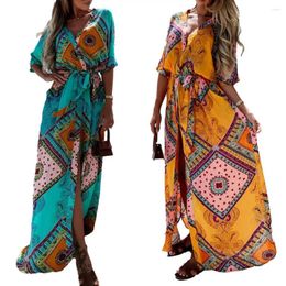 Casual Dresses Women Maxi Dress Fashion Print V Neck Summer Beach Style High Split Large Hem Lace-Up Boho Beachwear