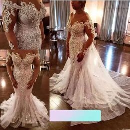 Wedding Crystals Gown Beaded Mermaid Dresses Bridal Lace Applique Long Sleeves Scoop Neck Plus Size Beach Garden Vestido De Novia
