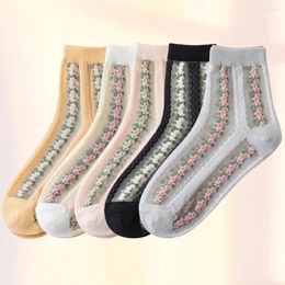 Women Socks 5 Pairs Floral Printing Mid-calf Length Sock Cotton Breathable Glass Silk (Assorted Color)