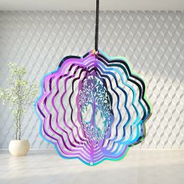 Decorations Gradient Colour Wind Spinner Tree of Life Rotating Hanging 3D Mirror Wind Chimes Catcher Attachment Bird Deterrent Garden Decor