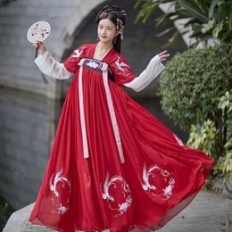 Этническая одежда Женщины эмдоидерия цветок ханфу костюм платье с распределением народное платье для танцевального танце