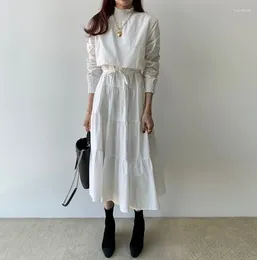 Casual Dresses 2024 Fall Women Stand Collar Elegant Solid Party White Office Ladies Long Dress Female Sleeve Maxi Vestidos