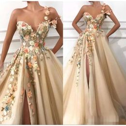 Applique Dresses Champagne 2019 Floral Lace Prom One Shoulder High Slit Beaded Pearls Custom Made Sweep Train Formal Evening Gown