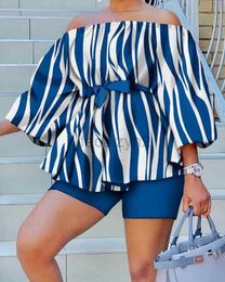 Women's Two Piece Pants Summer New Fashion Casual One Shoulder Blue Print Set size plus Two Piece Sets