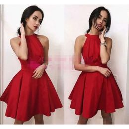 Satin Homecoming 2019 Halter Simple Dresses Red Sleeveless Short Mini Tail Party Gown Prom Ball Juniors Formal Wear Custom Made Made