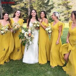 Sexy Chiffon Line Dresses Yellow A Bridesmaid Backless Straps V Neck Short Cap Sleeves Maid Of Honor Gown Beach Wedding Guest Wear