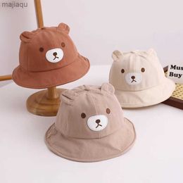 Caps Hats New Spring and Summer Baby Bucket Hat Cute Bear Ear Newborn Panama Hat Solid Outdoor Beach Childrens Baby Boys and Girls Sun HatL240429