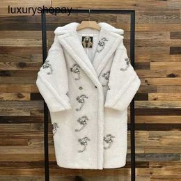 Maxmaras Teddy Bear Coat Womens Cashmere Coats Wool Winter 2024 New Cream White Hippocampus Fur Long Alpaca Hair Autumnwinter Co