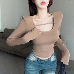 Women's T Shirts Long Sleeve U-Neck Pullover Tee Slim Fit Casual Clothes Girls Streetwear Crop Tops Spring Summer