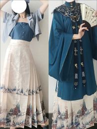 Ethnic Clothing Hanfu 2pcs Set Horse Face Skirt Modern Women Spring Long Sleeve Beige Shirt+Skirt Chinese Hanfu Horse Face Skirt For Women