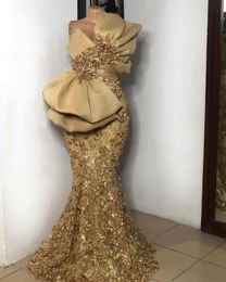 Elegant Gold Lace Mermaid Prom Dresses Bow Ruched Long African Arabic Aso Ebi Evening Gown For Women