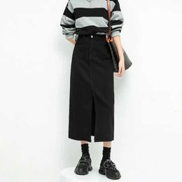 Skirts Split style denim womens high waisted loose A-Line skiing Korean elegant black skiing 2024 spring fashionable mid length skiingL2429