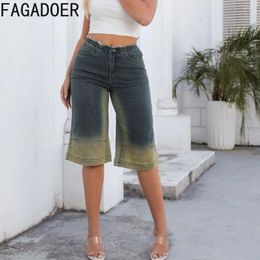 Women's Pants FAGADOER Fashion Retro Gradient Denim Capri Women High Waist Button Pocket Straight Jean Summer Female Cowboy Bottoms