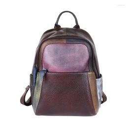 School Bags Patchwork Woman Genuine Leather Backpack Vintage Real Cow Travel Backpacks Casual Fashion Ladies Double Shouder Bag