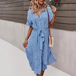 Casual Dresses Boho V Neck Lace Up Summer Dress Women 2024 Button Short Sleeve Floral Printed Maxi Beach Party Vestidos