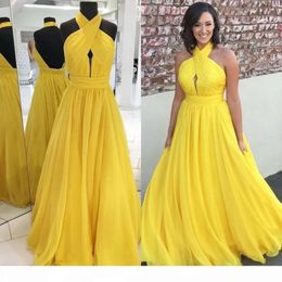 Dresses Yellow Chiffon Pleats Ruched Halter Bridesmaid 2021 Custom Made Floor Length Plus Size Maid Of Honor Gown Wedding Party Wear Vestido