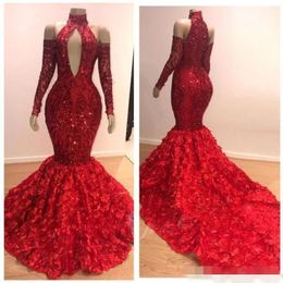 Sequins Evening Red Sexy Flowers Dresses Halter Sweep Train Plunging V Neck Off The Shoulder Custom Made African Prom Formal Gown