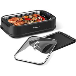 1500W Smokeless Electric Grill with 2-in-1 Non-Stick Grill/Tray, Portable Korean Barbecue Rack, 6-Level Control, Glass Cover, Dishwasher Washable Dual Tray - Black