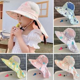Caps Hats Childrens bucket hat with whistle outdoor polyester cute sun hat breathable UV protection beach hat baby girl boyL240429