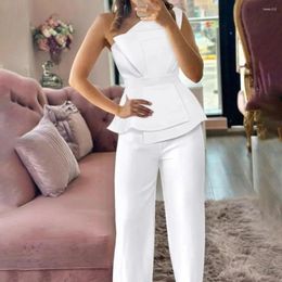 Women's Two Piece Pants 2024 Summer Set For Women Casual Simple Solid Colour Sleeveless One Shoulder Ruched Top & Straight Long Leg Daily
