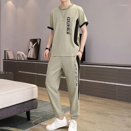 Men's Tracksuits Casual Single Piece/suit Summer Ice Silk Short-sleeved T-shirt Cropped Pants Suit Youth Sportswear Two-piece Set
